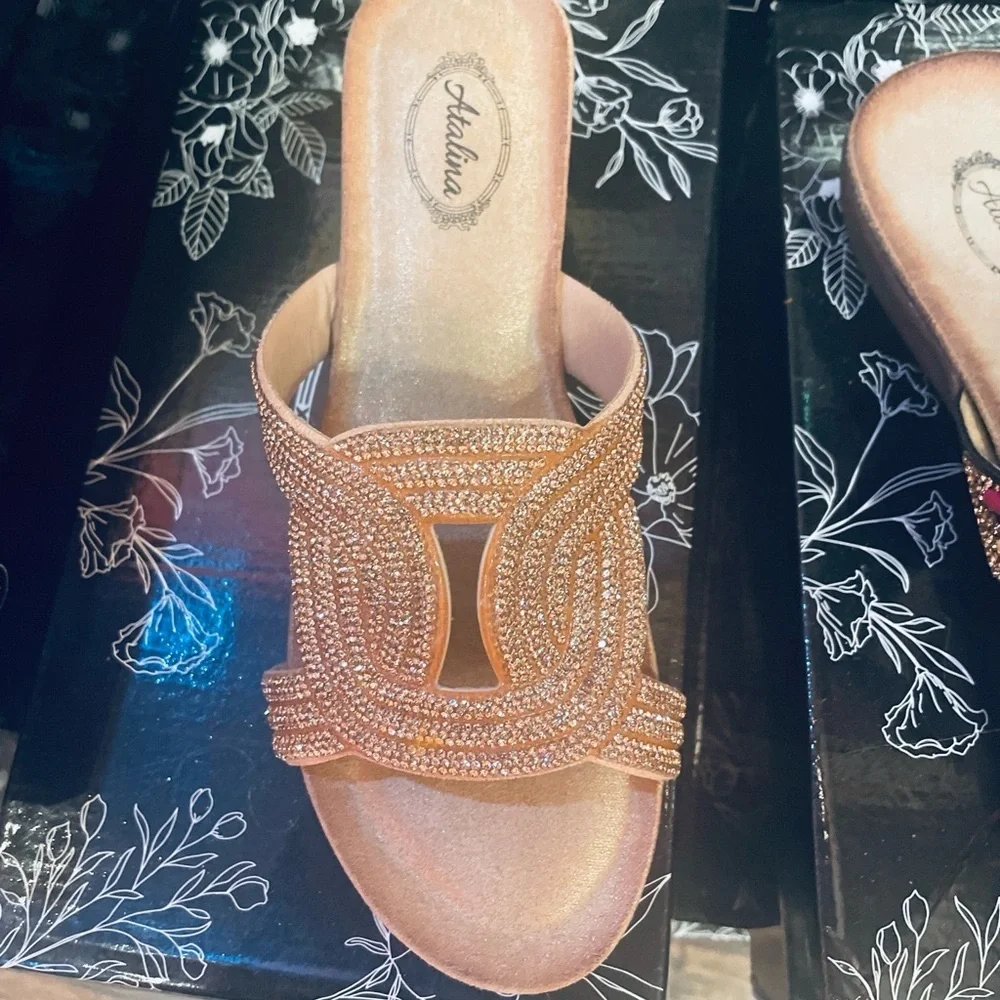 Italina Champagne Rhinestone Embellished Faux Leather Low Heeled Wedge Sandal